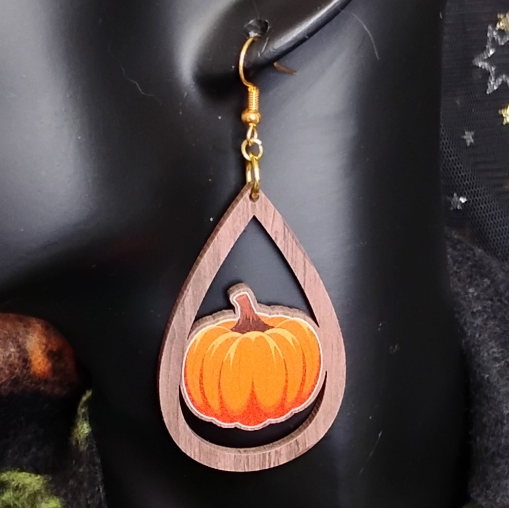 GROOVY GLAM Handmade Pumpkin Earrings Wooden Lazer Cutout Autumn Fall Dangle